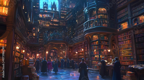 A bustling city of magic was dominated by a magnificent library filled with arcane books. Arcane. Illustration