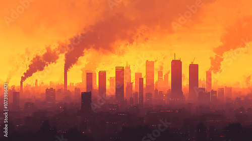 Generating greenhouse gases and CO2 pollution in an urban city outline concept, showing polluted air from burning fossil fuels, power manufacturing, transportation exhaust, and agriculture