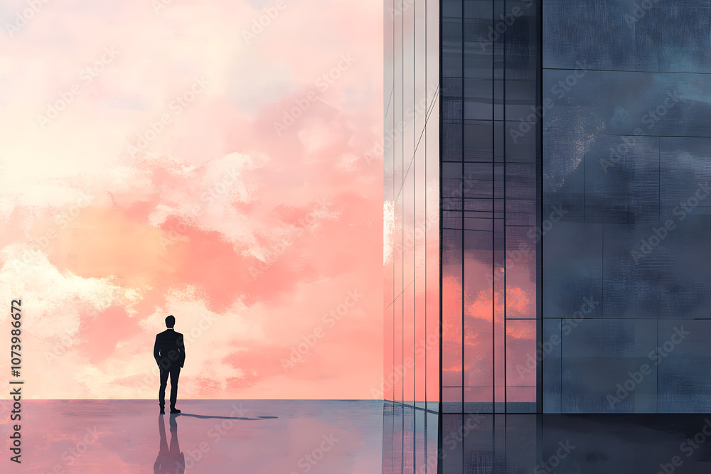 Fototapeta premium Transcendent Pink Sky with Silhouette of Businessman Near Modern Building at Dusk