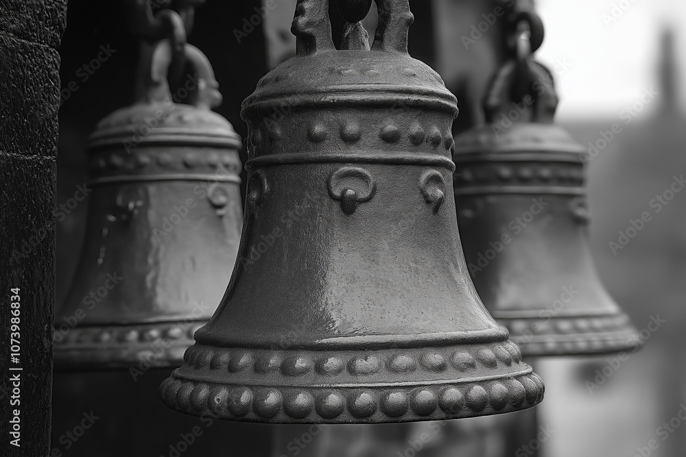 Antique Metal Bells in Black and White, Decorative Church Bells with a Vintage Sound Antique Metal Bells in Black and White, Decorative Church Bells with a Vintage Sound