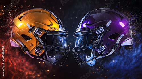 American football helmets clashing in championship match sports poster with hud overlays photo