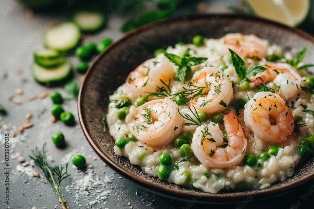 Risotto with shrimp, pea and zucchini in dark plate, blurred background, close up, space for text Risotto with shrimp, pea and zucchini in dark plate, blurred background, close up, space for text