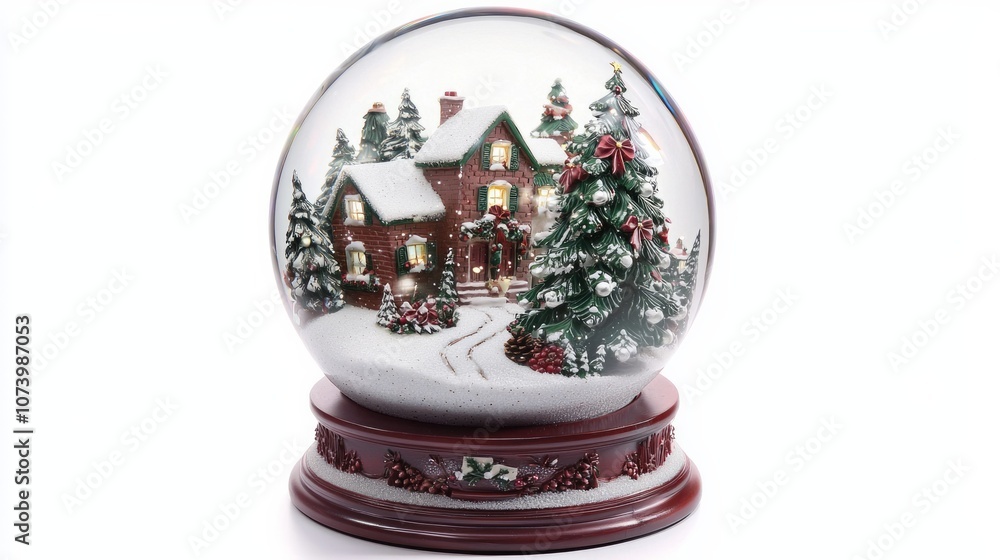 Snow globe with a winter wonderland scene inside, Christmas tree and snow-covered Snow globe with a winter wonderland scene inside, Christmas tree and snow-covered