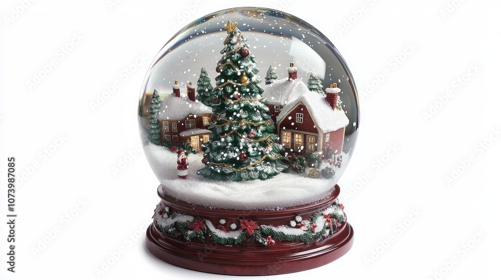 Snow globe with a winter wonderland scene inside, Christmas tree and snow-covered Snow globe with a winter wonderland scene inside, Christmas tree and snow-covered