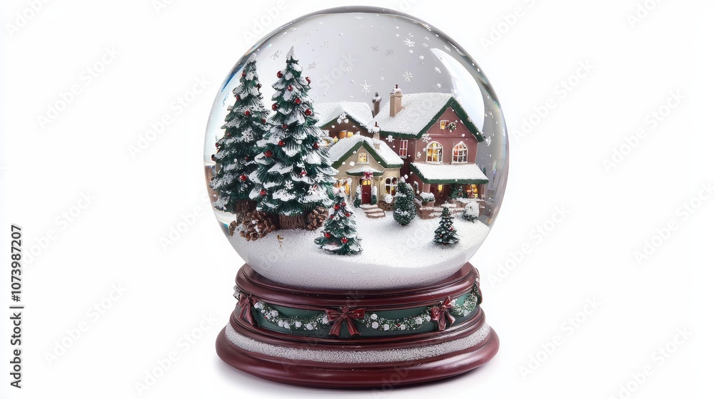 Snow globe with a winter wonderland scene inside, Christmas tree and snow-covered Snow globe with a winter wonderland scene inside, Christmas tree and snow-covered