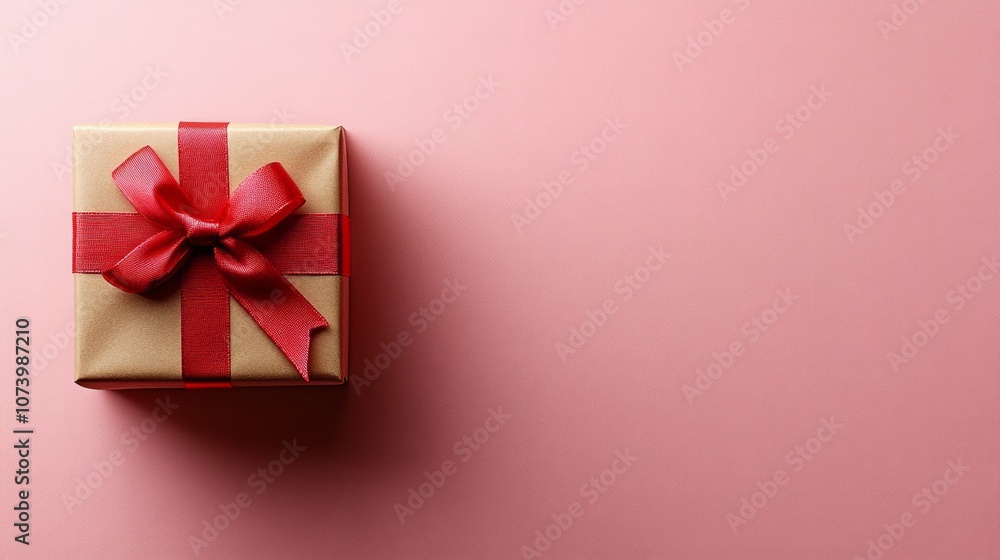 Elegant gift box wrapped in gold paper and adorned with a vibrant red ribbon rests on a pink background. the minimalist and chic design is ideal for celebrating birthdays, anniversaries, and special Elegant gift box wrapped in gold paper and adorned with a vibrant red ribbon rests on a pink background. the minimalist and chic design is ideal for celebrating birthdays, anniversaries, and special