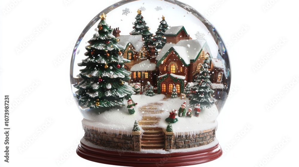 Snow globe with a winter wonderland scene inside, Christmas tree and snow-covered Snow globe with a winter wonderland scene inside, Christmas tree and snow-covered