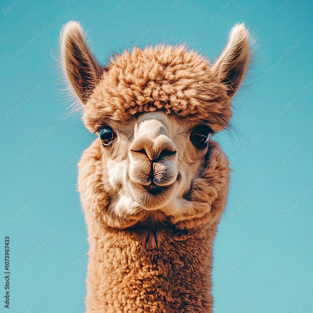 Fototapeta premium Smilling alpaca on blue background, close-up, space for text