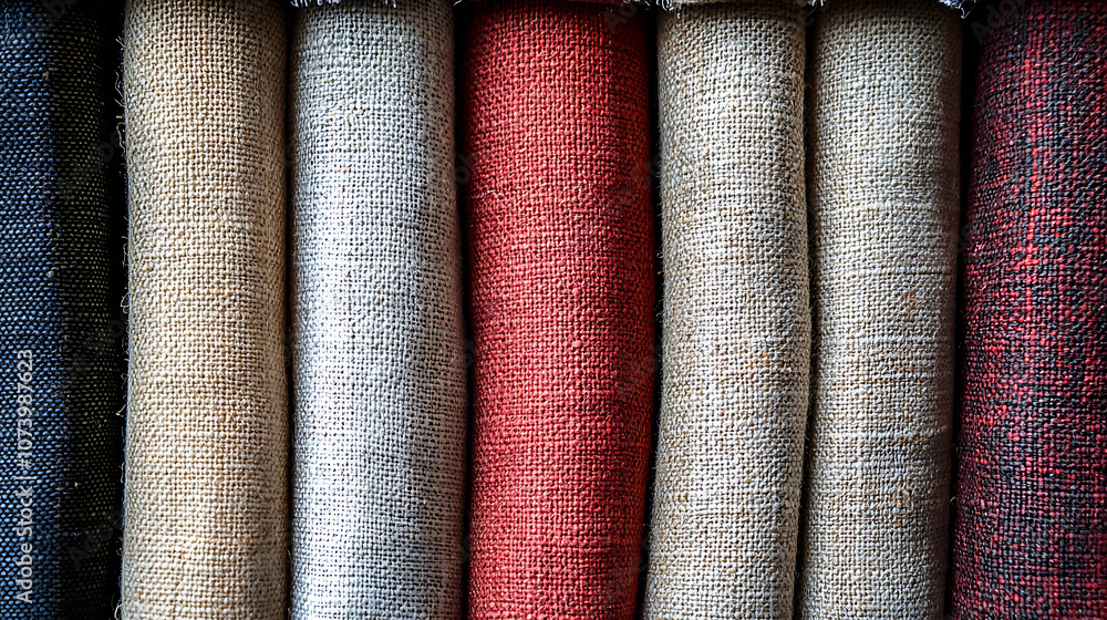 Linen fabric rolls arranged in a row, ideal for banners or posters Linen fabric rolls arranged in a row, ideal for banners or posters