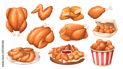 Deep fried cartoon chicken set. Spicy drumsticks and wings, nuggets and cutlets, whole bird ready to eat. Fast food restaurant menu mascot, cartoon chicken dish collection vector illustration