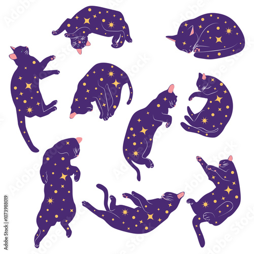 Mystical set of cats in boho style, Silhouette collection. Witchcraft and sorcery. Esoterics and mysticism, occultism. Cartoon flat vector illustrations, isolated