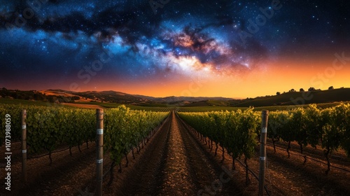 A stunning vineyard scene under a starry sky, blending nature's beauty with the cosmos at dusk.