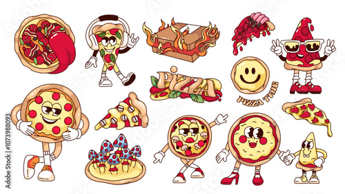 Groovy pizza stickers and cartoon characters set. Funny retro funky pizza personages, trippy emoji and typography labels. Fast food mascot, cartoon collection of 70s 80s style vector illustration