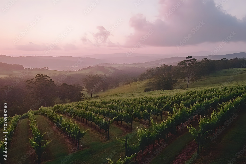 Fototapeta premium Tranquil Vineyard Landscape at Sunset with Transcendent Pink Hues in the Sky