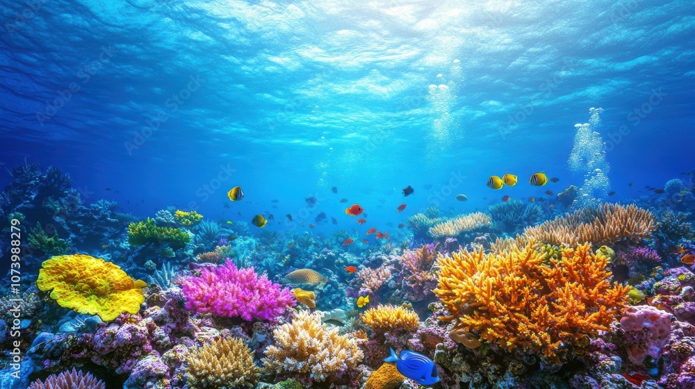 Naklejka premium Vibrant underwater scene showcasing colorful coral reefs and various tropical fish in a crystal-clear ocean.