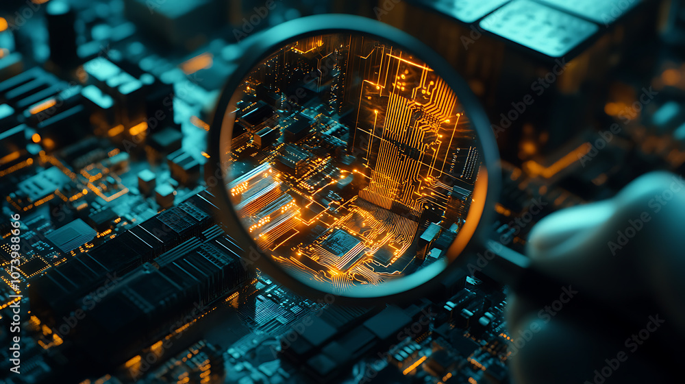 Fototapeta premium Detective magnifying glass inspecting network components investigating connectivity issues concept