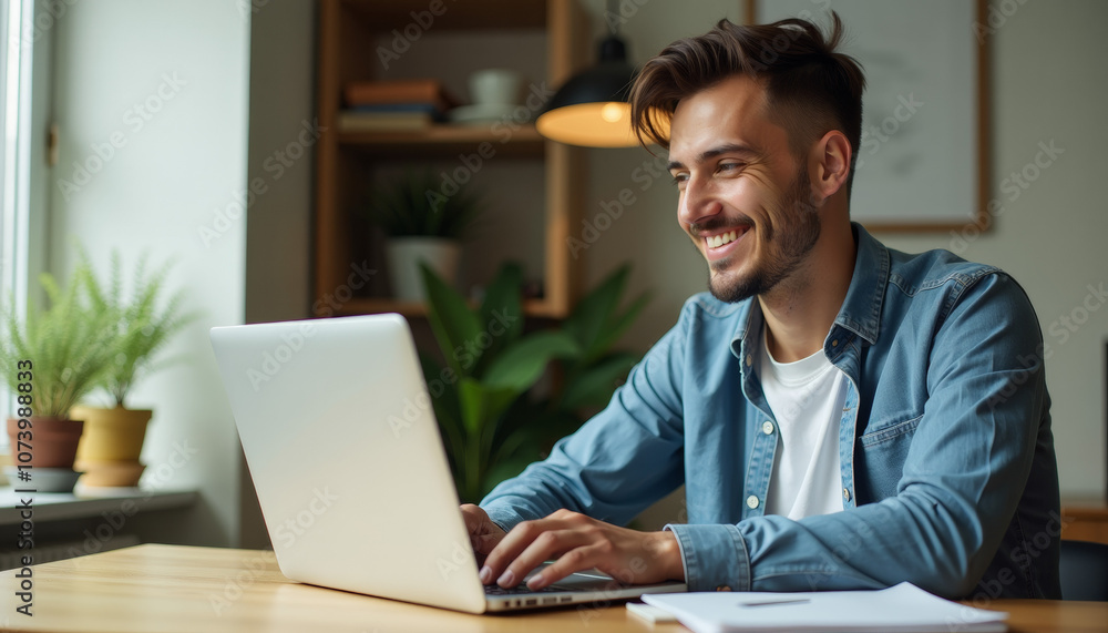 Smiling Man Working on Laptop Smiling Man Working on Laptop
