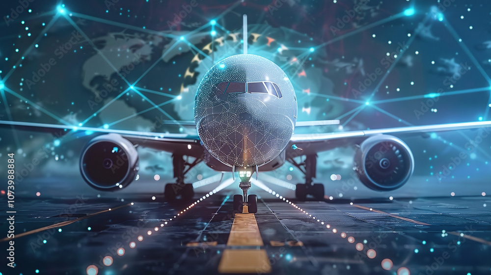 A Modern Airplane on a Runway With a Digital Network Overlay at Night, Symbolizing Advanced Aviation Technology and Global Connectivity