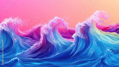 Vibrant waves in shades of blue and pink create a stunning abstract ocean scene at sunset.