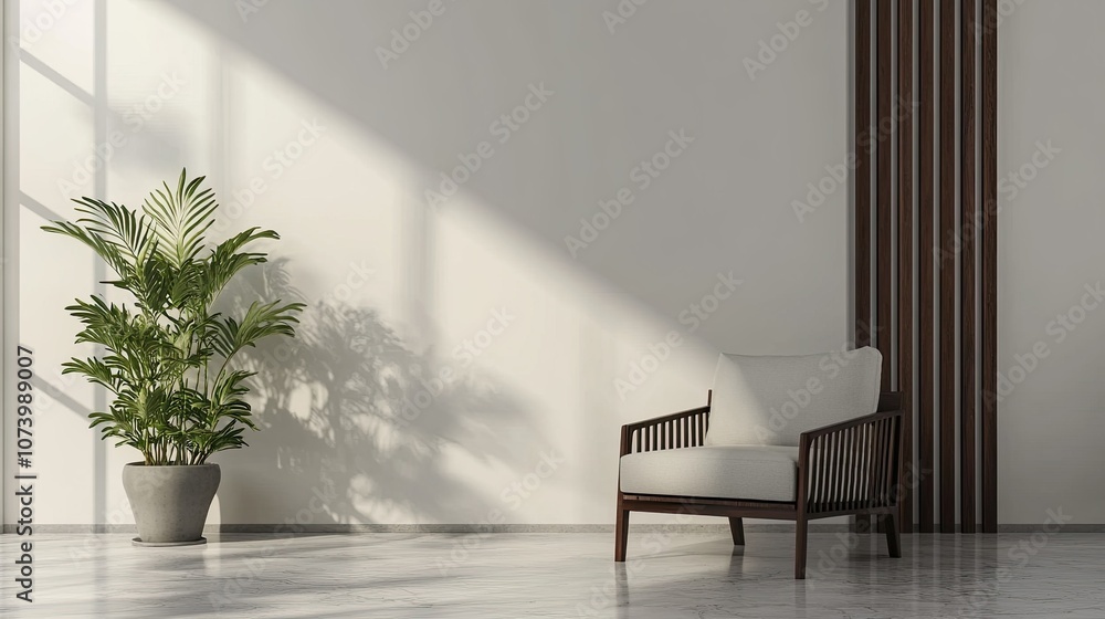Fototapeta premium Modern interior design with dark wood slats on the wall and white walls. There is a plant pot nearby