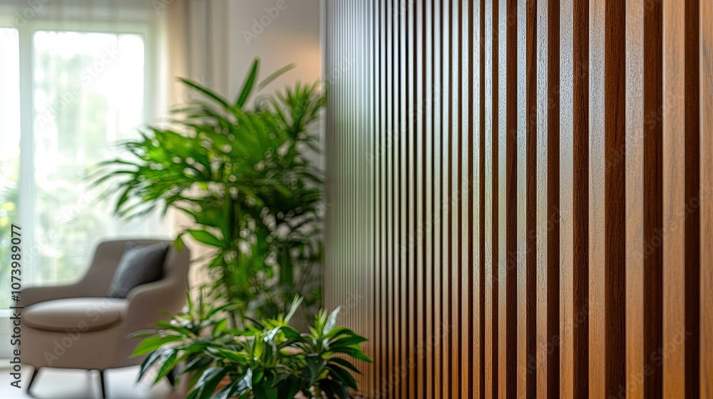 Modern interior design with dark wood slats on the wall and white walls. There is a plant pot nearby Modern interior design with dark wood slats on the wall and white walls. There is a plant pot nearby