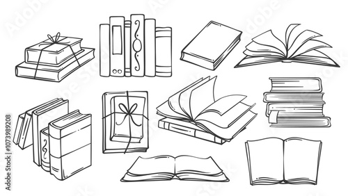 Open and closed paper books, literature in stack and pile line icon set. Outline hand drawn magazine with turning pages, story books with rope bow for gift. Library books icons vector illustration