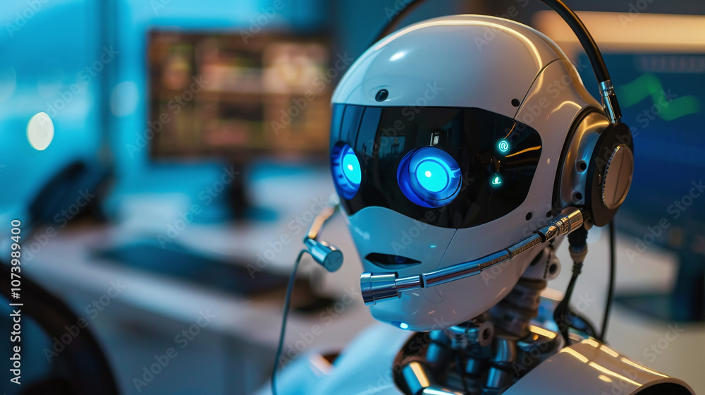 A Futuristic Robot With Glowing Blue Eyes Wearing a Headset Interacts With Data Displays in a Modern Office Environment During Evening Hours A Futuristic Robot With Glowing Blue Eyes Wearing a Headset Interacts With Data Displays in a Modern Office Environment During Evening Hours