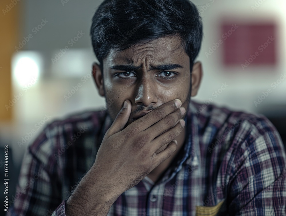 Young Indian Man with Hand on Chin, Deep in Thought Young Indian Man with Hand on Chin, Deep in Thought