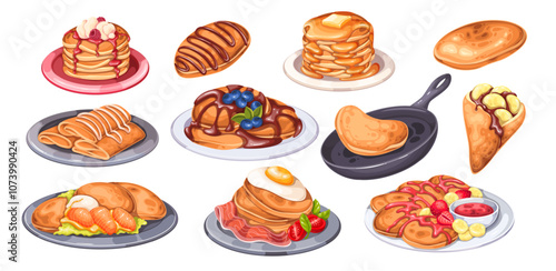 Hot cartoon pancakes, sweet and savory food set. Hot flapjacks with salmon, bacon and egg on plate, stack of hotcakes with chocolate. Breakfast mascot, cartoon tasty pancakes vector illustration