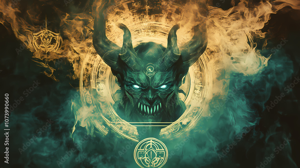 A mystical representation of a demon surrounded by arcane symbols and swirling mist in a hidden chamber. Arcane. Illustration A mystical representation of a demon surrounded by arcane symbols and swirling mist in a hidden chamber. Arcane. Illustration