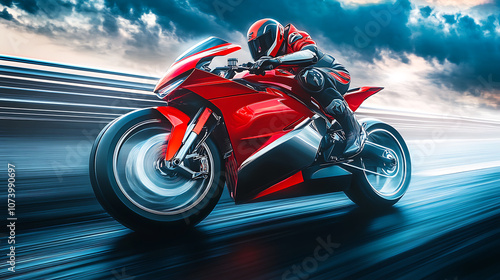 Futuristic superbike motorcycle racing at electrifying speed on sleek track adrenalinefueled concept art illustration photo