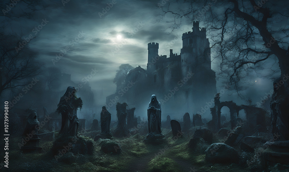 A dark garden with an old mystical castle in the distance A dark garden with an old mystical castle in the distance