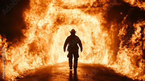 Brave firefighter silhouetted against raging flames while entering burning building dramatic action shot photo