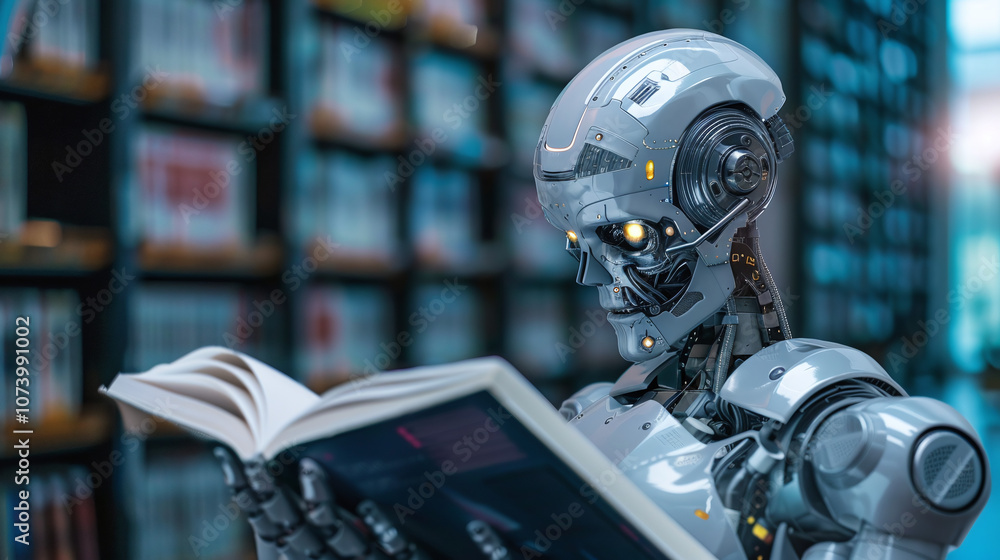 A Humanoid Robot Engaged in Reading a Book Within a Modern Library Filled With Shelves and a Variety of Literature A Humanoid Robot Engaged in Reading a Book Within a Modern Library Filled With Shelves and a Variety of Literature