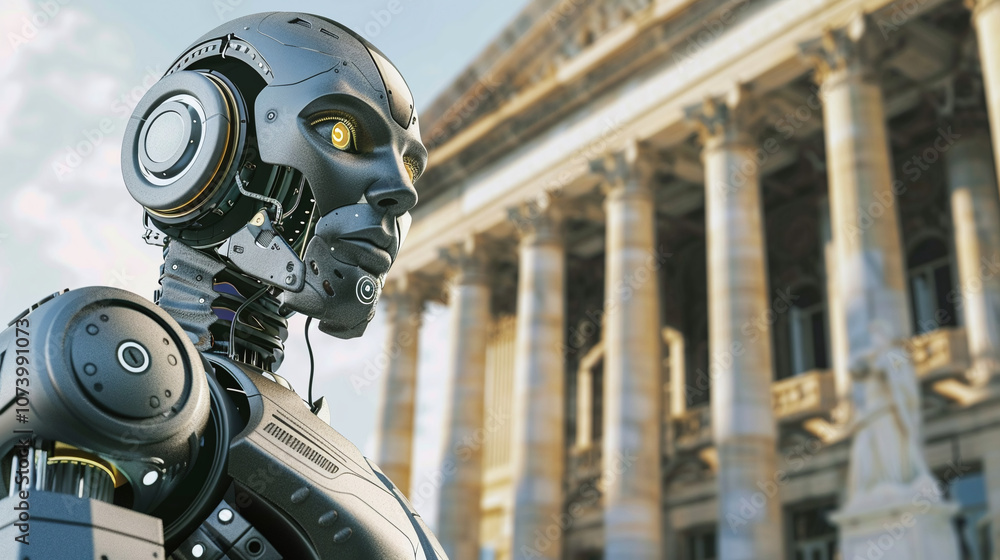 A Futuristic Robotic Figure Stands Near an Imposing Classical Building During Daylight, Showcasing the Contrast Between Technology and Traditional Architecture A Futuristic Robotic Figure Stands Near an Imposing Classical Building During Daylight, Showcasing the Contrast Between Technology and Traditional Architecture