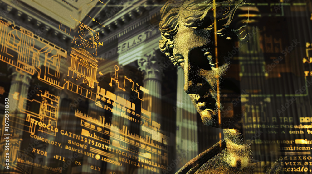 A Classic Statue of a Greek Philosopher Overlays a Modern Digital Backdrop at a Historical Bank, Symbolizing the Blend of Tradition and Innovation in Finance