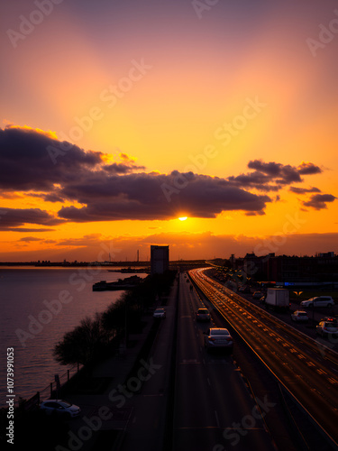 Golden bridge in Vladivostok at night. Night traffic. Tsesarevich embankment. Golden Bridge in sunset, Vladivostok, Russia.