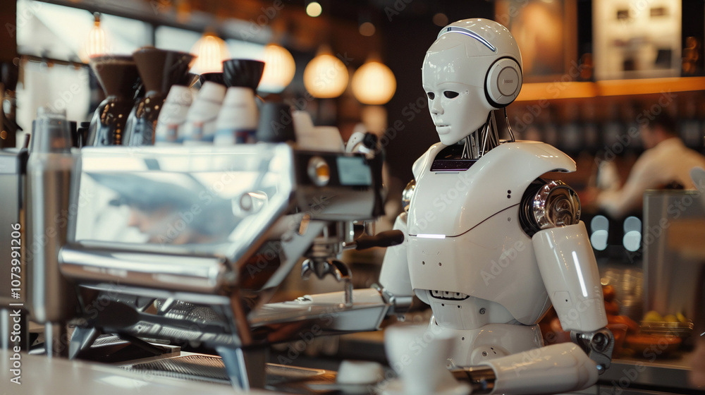 A Sophisticated Robot Barista Prepares Coffee in a Modern Café Setting, Showcasing Advanced Technology and Automation in the Beverage Industry A Sophisticated Robot Barista Prepares Coffee in a Modern Café Setting, Showcasing Advanced Technology and Automation in the Beverage Industry