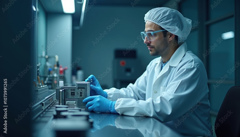 Scientist Inspects Equipment with Precision in a Laboratory Scientist Inspects Equipment with Precision in a Laboratory