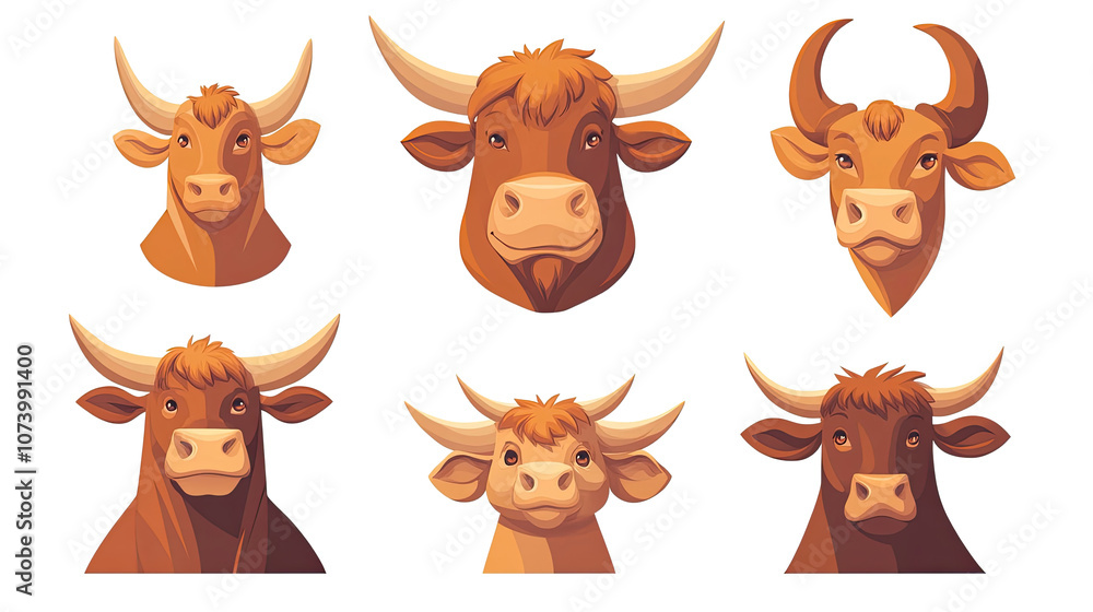 Set of Cartoon-Style Cow and Bull Heads on a Transparent Background Generative AI