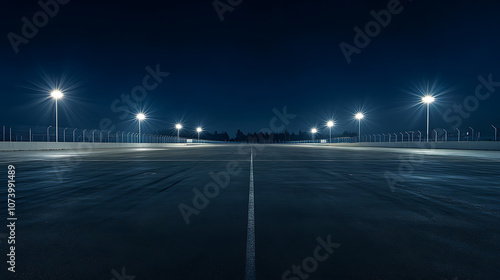 Highspeed racing arena asphalt track illuminated by bright spotlights at night dramatic photography