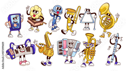 Groovy musical instruments cartoon characters set. Funny retro brass French horn and trombone, saxophone, trumpet. Music mascots, cartoon instruments stickers of 70s 80s style vector illustration