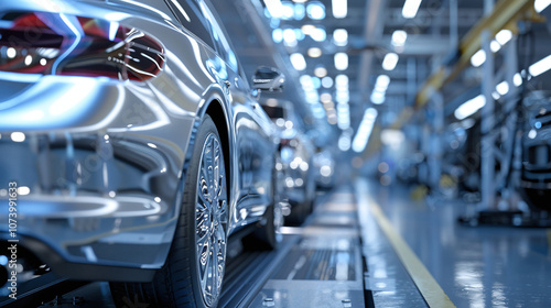 Modern Luxury Cars in a Spacious Automotive Factory During Daylight Hours, Lined up for Assembly With Advanced Technology and Bright Overhead Lighting