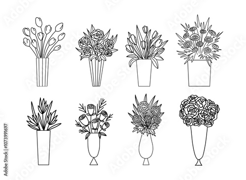 Flower in vase illustration including different floral bouquets. Hand drawn cute line art about plants in interior. Thin linear drawing in doodle style.