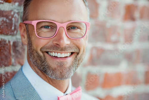 ortrait of a cheerful smiling businessman with modern pink glasess photo