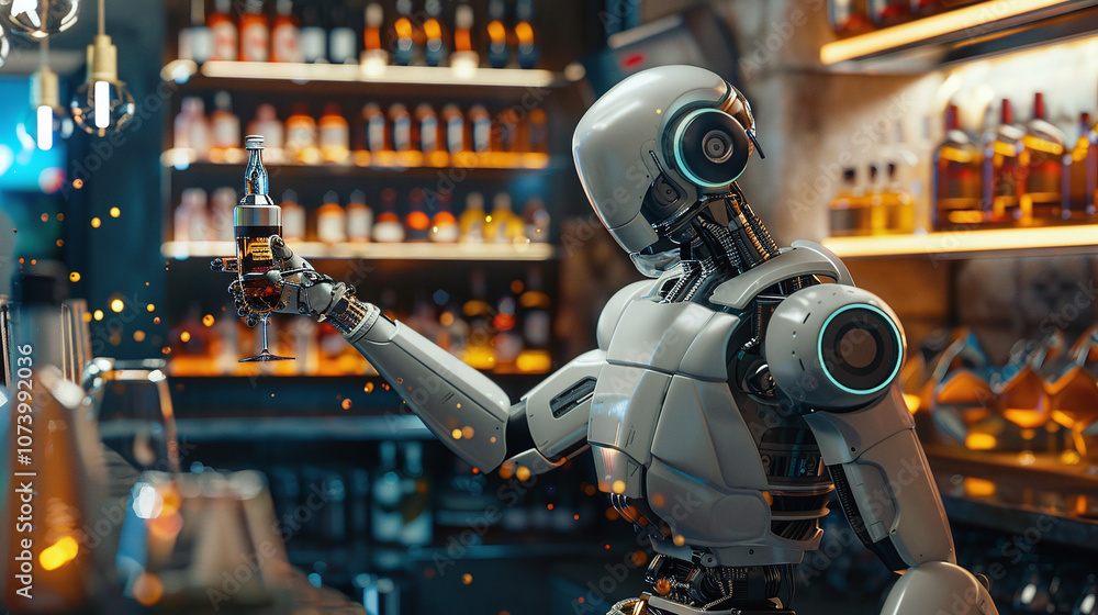 A Futuristic Robot Bartender Serves Drinks in a Lively Bar Filled With Shelves of Liquor Bottles During a Vibrant Evening Atmosphere A Futuristic Robot Bartender Serves Drinks in a Lively Bar Filled With Shelves of Liquor Bottles During a Vibrant Evening Atmosphere