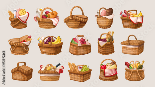 Picnic wicker baskets cartoon set. Funny retro bamboo shopping bags with handles and lunch food, closed and open wooden hampers. Basketwork mascot, cartoon brown braided baskets vector illustration