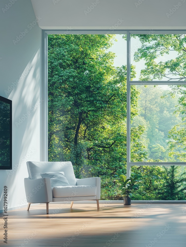 Modern Living Room with Large Windows Overlooking Nature Modern Living Room with Large Windows Overlooking Nature
