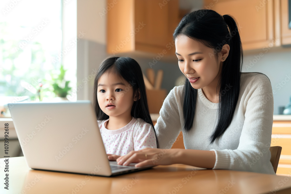 a young Asian mother guiding her daughter on a laptop at the dining table, highlighting familial support, learning, and a nurturing environment a young Asian mother guiding her daughter on a laptop at the dining table, highlighting familial support, learning, and a nurturing environment