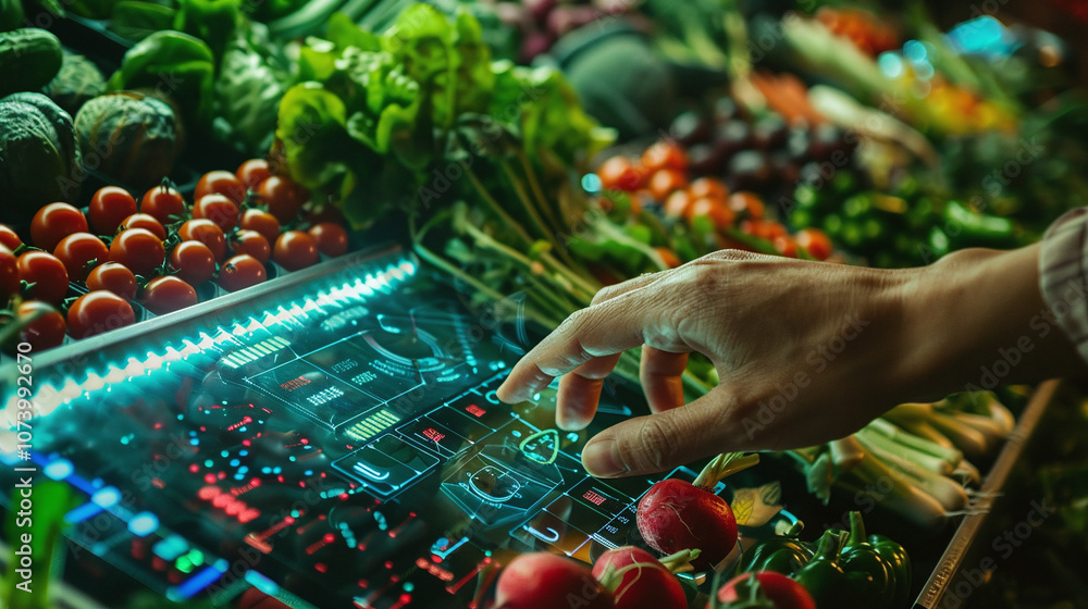 A Person Interacting With a Futuristic Digital Interface While Selecting Fresh Produce at a Vibrant Market During Daylight Hours